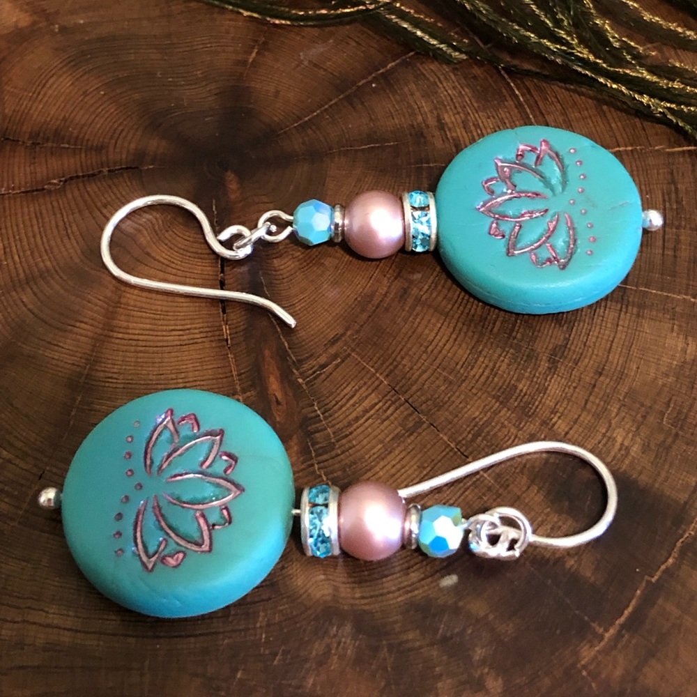Teal Lotus Earrings - Lotus Jewelry, Lotus Pose - Picture 3 of 5